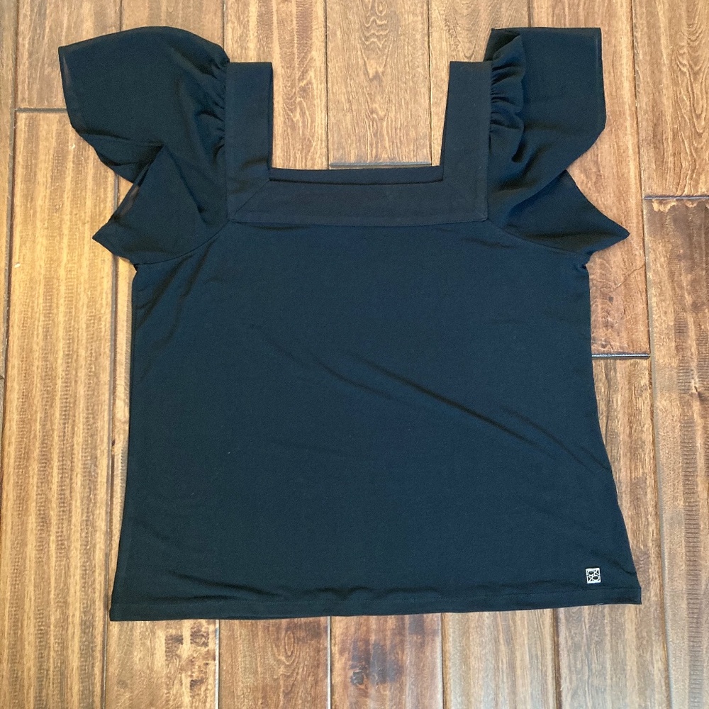 Calvin Klein square neck flutter sleeve black top size L